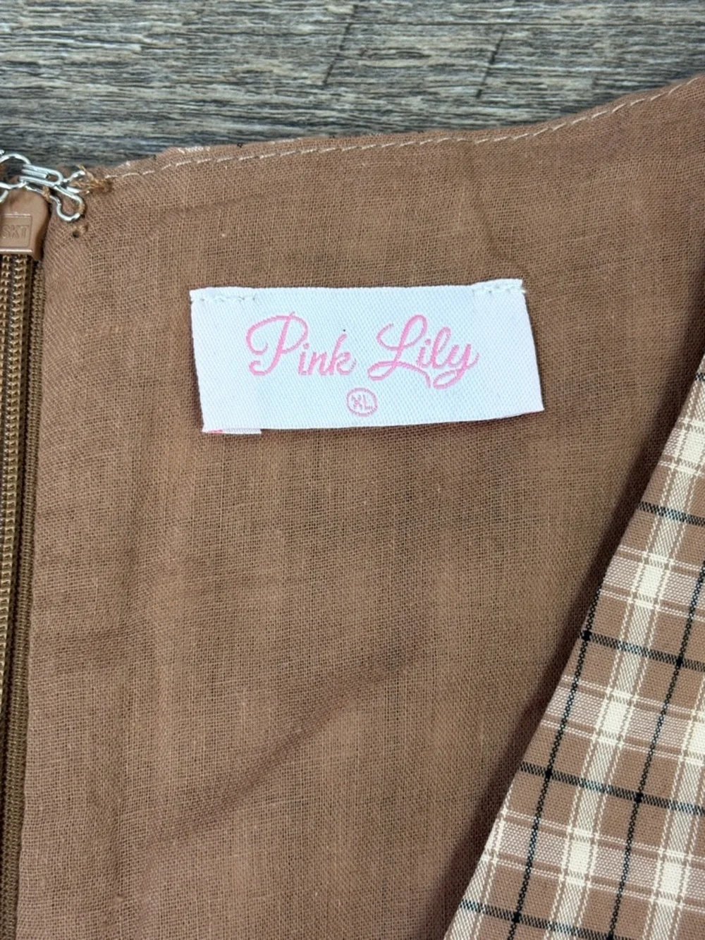 Pink Lily Brown Plaid Cotton Mini Dress Tie Front Cottagecore XL - Picture 6 of 11